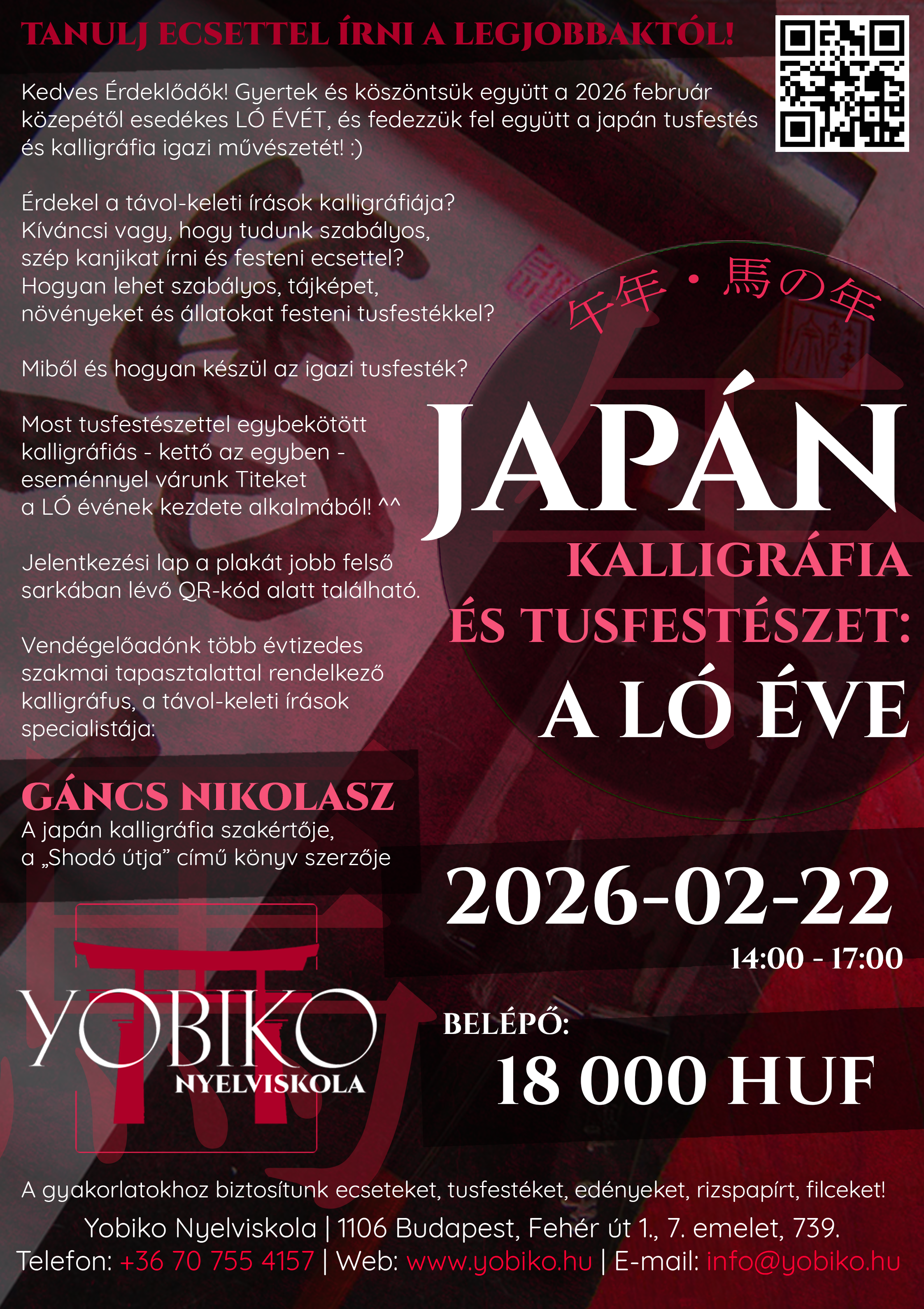 午年・馬の年・書道と墨絵 LÓ éve (2026): Shodō & Sumi-e – Japán kalligráfia és tusfestészet – Kettő az egyben esemény – Tanulj szakavatott mestertől! (2026. február 22.)